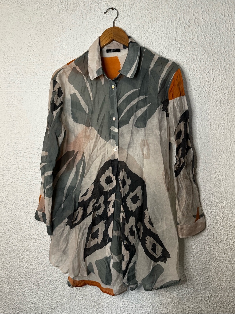 Women’s Abstract Print Button-Down Shirt - Gray, Black & Orange